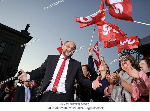The top candidate of the German Social Democratic Party (SPD), Martin Schulz, leaves the stage after his speech during campaign event at the Gendarmenmarkt...