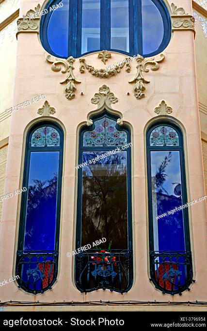 Modernist windows of the Casa Manuel Planas Carbonell, 1910, Sitges, Catalonia, Spain