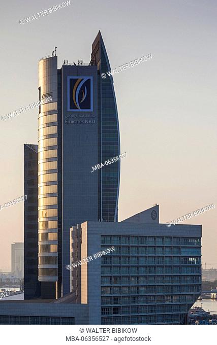 UAE, Dubai, Deira, Hilton Hotel, Emirates NBD bank and Dubai Chamber of Commerce buildings