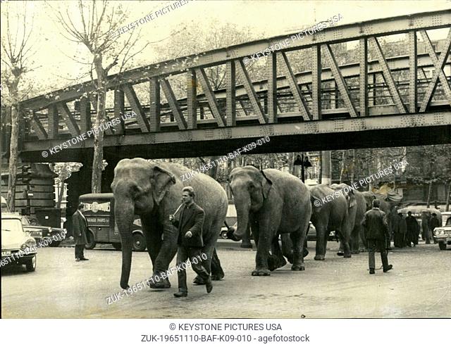 Nov. 10, 1965 - Elephants parade for Winter Circus in Paris (Credit Image: © Keystone Press Agency/Keystone USA via ZUMAPRESS.com)