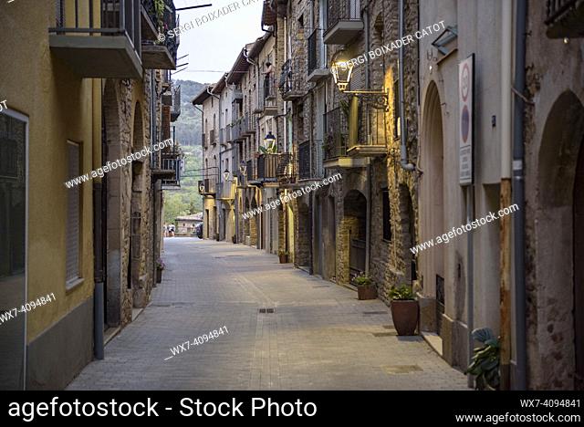 Street in the historic center of the Pobla de Segur village at twilight (Pallars JussÃ , Lleida, Catalonia, Spain)