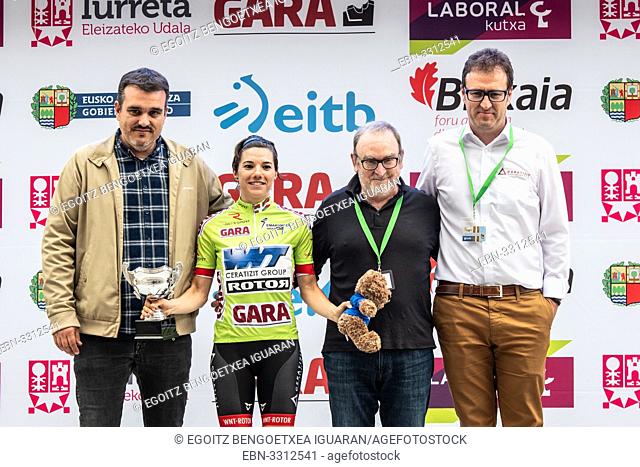 Ane Santesteban, best local rider, at the podium of the 2nd stage of UCI women cycling race Emakumeen Bira, at the Basque Country