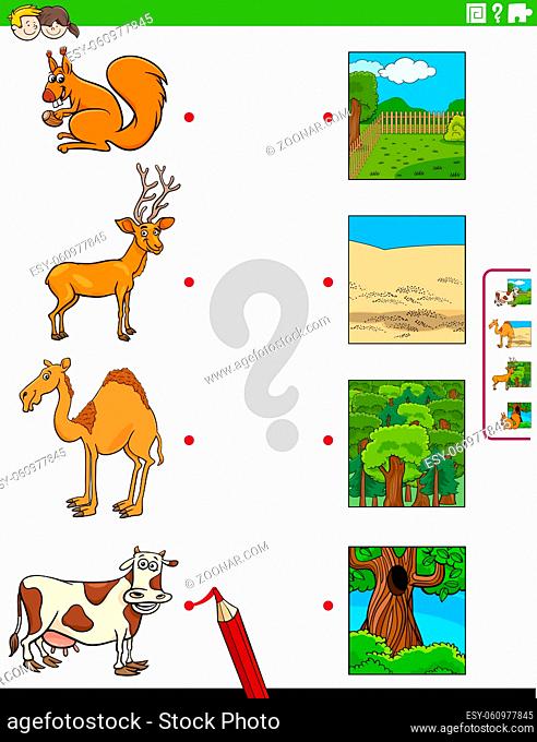 Cartoon Illustration of Educational Matching Game for Children with Animal Species Characters and their Environments