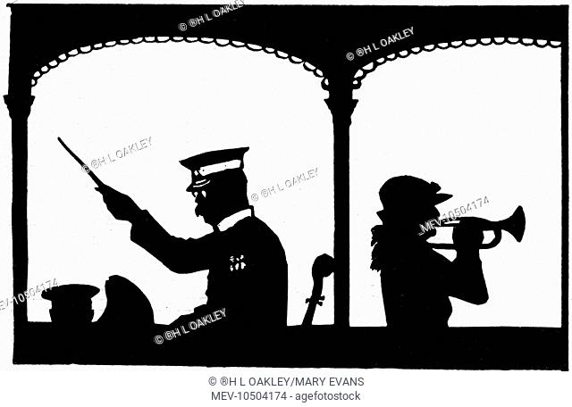 Silhouette of a conductor and a musicians, probably on a bandstand. A tuba player can be seen on the left, a cello is leaning up in the middle