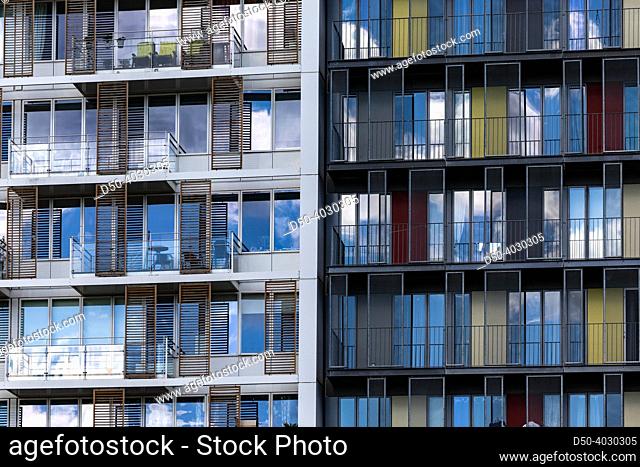Copenhagen, Denmark Modern residential buildings and baclonies in the new Orestad district