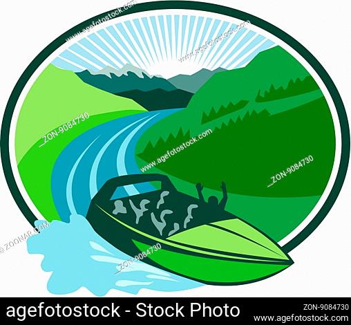 Illustration of a jetboat speeding on river with canyon and mountain in the background set inside oval shape done in retro style