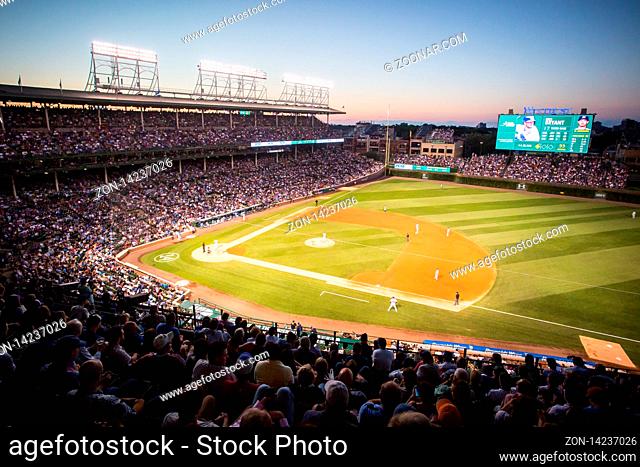 Chicago, USA - August 12, 2015: Chicago Cubs play Milwaukee Brewers on a warm summer's night at Wrigley Field