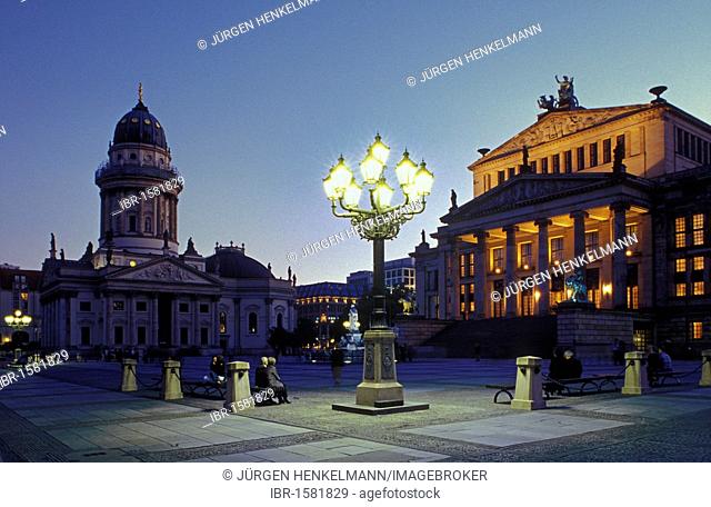 Gendarmenmarkt square by night, Deutscher Dom, German Cathedral and Konzerthaus, Concert Hall, once called Schauspielhaus, by Karl Friedrich Schinkel