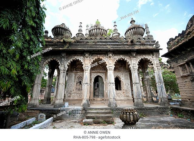 One of the ornately carved 18th century stone mausoleums belonging to the Babi dynasty, Tombs of Babi Kings, Junagadh, Gujarat, India, Asia