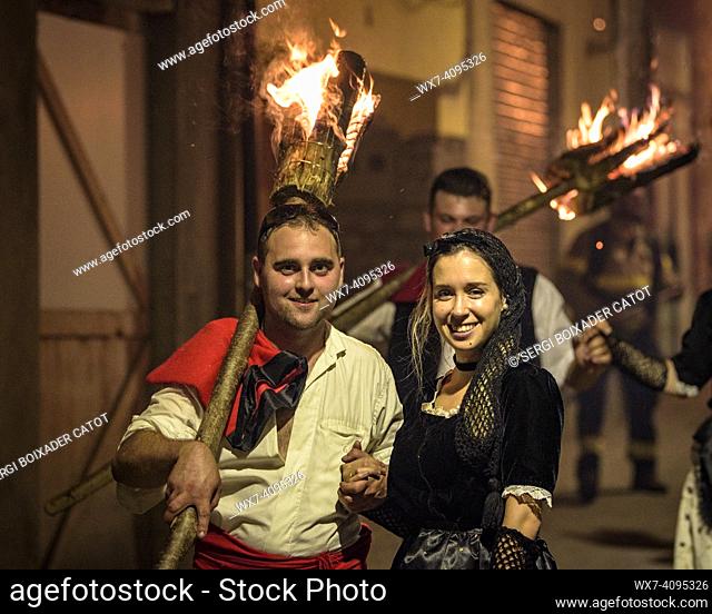 Festival of the torchlight descent at La Pobla de Segur in honor of the Virgin of Ribera, intangible heritage of UNESCO in the Pyrenees Lleida, Catalonia