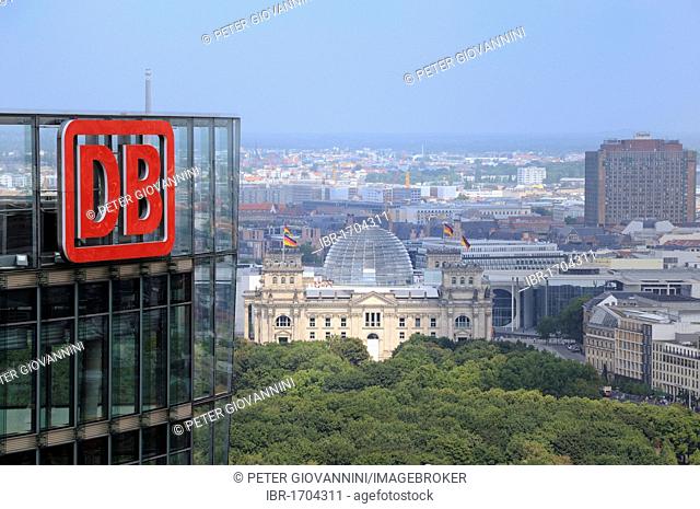 View of the Bahn Tower and the Reichstag building as seen from the Panoramapunkt viewing platform on Potsdamer Platz square, Berlin, Germany, Europe