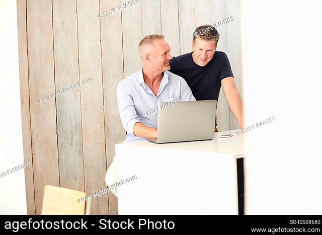 Gay couple using laptop