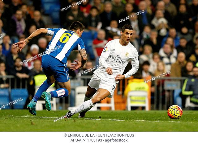 2016 La Liga Football Real Madrid v Espanyol Jan 31st. 31.01.2016. Madrid, Spain. Enzo Roco (6) Espanyol Cristiano Ronaldo dos Santos (7) Real Madrid during the...