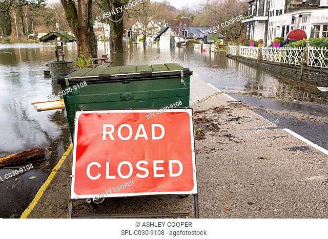 Waterhead, Cumbria, UK, submerged by flood water after Lake Windermere burst its banks on 6th December 2015, after torrential rain from storm Desmond
