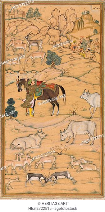 Akbar Mounting his Horse; page from the Chester Beatty Akbar Nama (History of Akbar), 1605-07. Creator: Sur Das Gujarati (Indian, active 16th century)