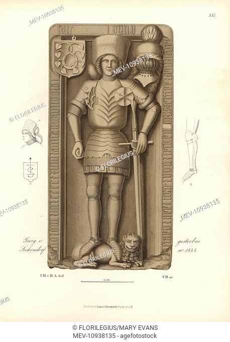 Knight in armor from the gravestone of George Seckendorf, died 1444. . Chromolithograph from Hefner-Alteneck's Costumes, Artworks and Appliances from the early...