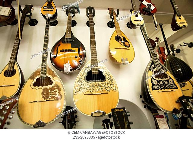 Musical instruments in shop at the town center, Little Venice, Mykonos, Cyclades Islands, Greek Islands, Greece, Europe