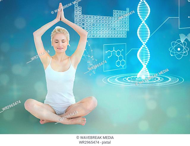 sporty woman with futuristic dna chain behind, blue background