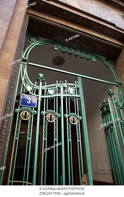 Art Nouveau iron gate in U Prasne Brany Street, behind Obecni Dum, Prague, Czech Republic
