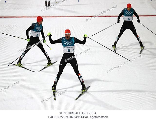 20 February 2018, South Korea, Pyeongchang, Olympics, Nordic combined, cross-country skiing, Alpensia Ski Jump Centre: Second-placed Fabian Riessle (L-R)