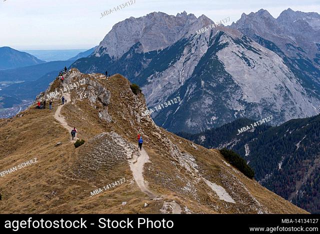 seefelder joch with hikers, alps, seefeld, tyrol, austria
