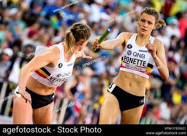 Belgian Imke Vervaet and Helena Ponette pictured in action during the final of the women's 4x400m relay race, at the 19th IAAF World Athletics Championships in...