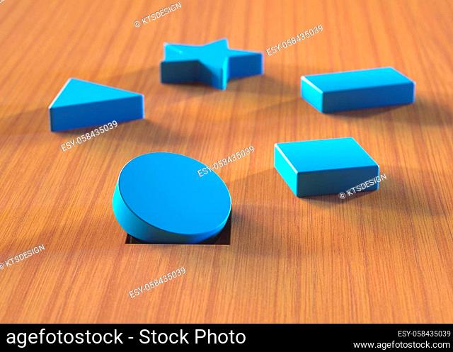 Wrong piece in the hole. Assorted blue blocks on wooden table. Educational toy and psychological test