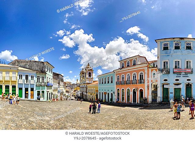 Brazil, Bahia, Salvador, Pelourinho: The triangular plaza Largo do Pelourinho within Salvador de Bahia's beautifully restored historic center of Pelourinho