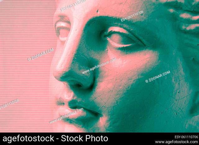 Close up face gypsum copy antique sculpture with craquelure . Red green duotone lighting effect. Textured vaporwave style background
