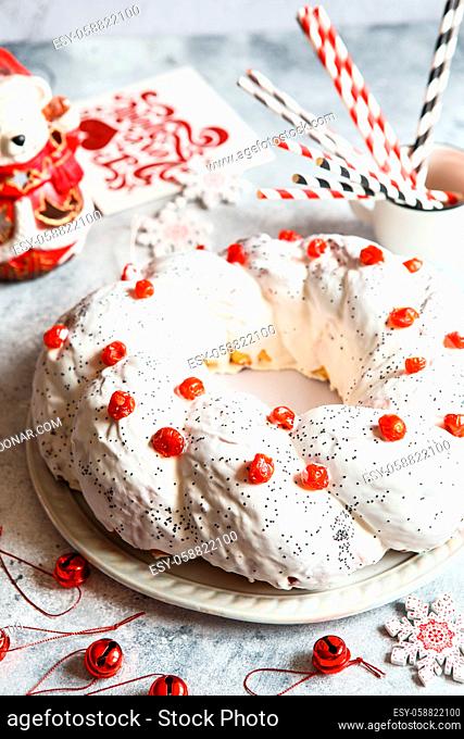 Christmas cake with fruits and nuts. Fruit cake. Christmas baking. Preparations for the holiday. Christmas dessert table. Gift idea