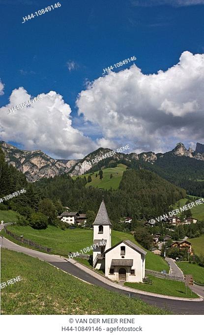 Italy, Europe, St. Cyprian, town, Tiers, South Tyrol, South Tirol, Alto Adige, church, Rosengarten, clouds, Dolomites