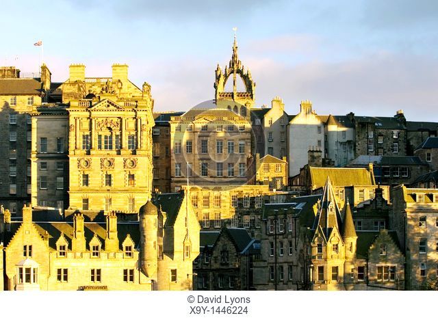 View of Old Town skyline toward the crown of St  Giles Cathedral seen from the north  Edinburgh city centre, Lothian, Scotland