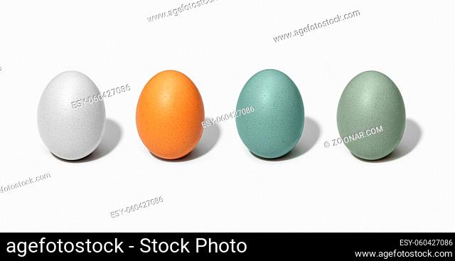 Group of Chicken eggs isolated on white background. White, brown, green and blue egg