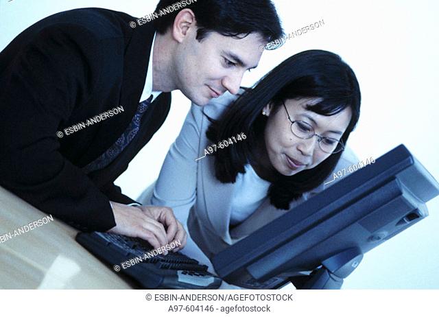 Co-workers using lap top computer