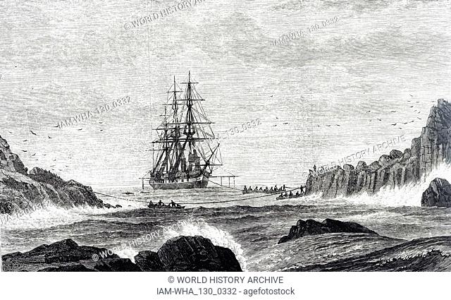 An engraving depicting the HMS Challenger in Saint Peter and Saint Paul Archipelago during the Challenger expedition of 1872-1876