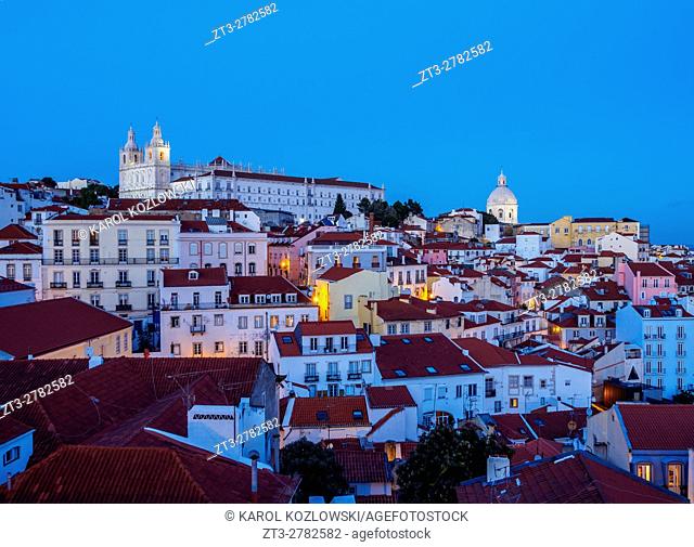 Portugal, Lisbon, Miradouro das Portas do Sol, Twilight view over Alfama Neighbourhood towards the Sao Vicente de Fora Monastery and National Pantheon