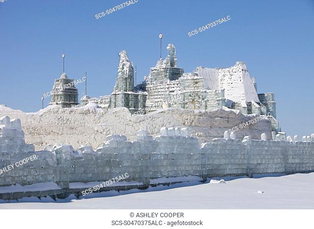 An ice palace built with blocks of ice from the Songhue river in Harbin, Heilongjiang Province, Northern China