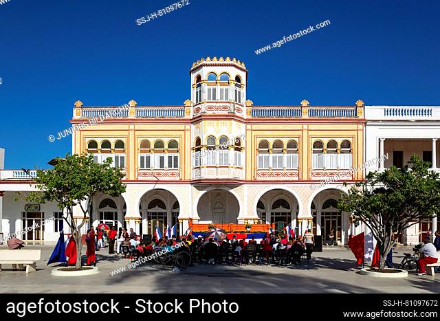 Moorish architecture of the town hall at the Parque CÃ©spedes, in front of it an event is just in preparation, Manzanillo, Cuba