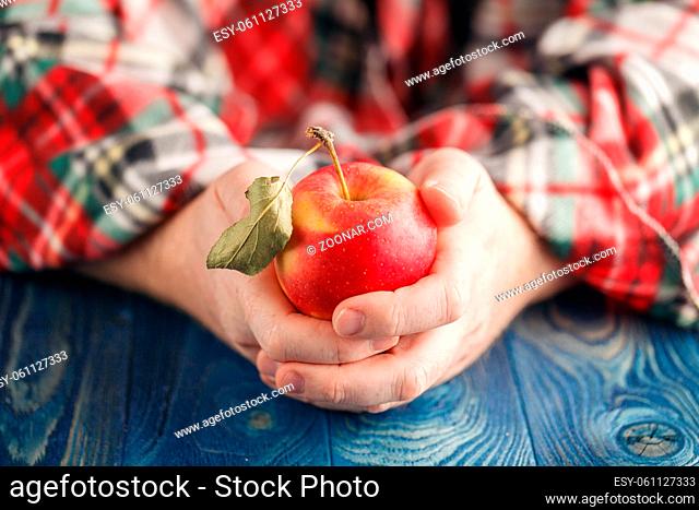 Winter fruits concept, man in warm plaid hold one apple