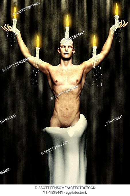 3d image of man with dripping candles