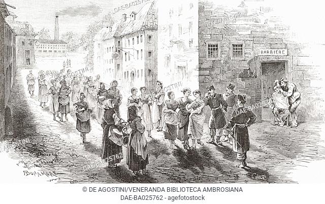 Workers in Busto Arsizio coming out of factories, 1879, Italy, drawing by Antonio Bonamore (1845-1907) from a sketch by Luciano