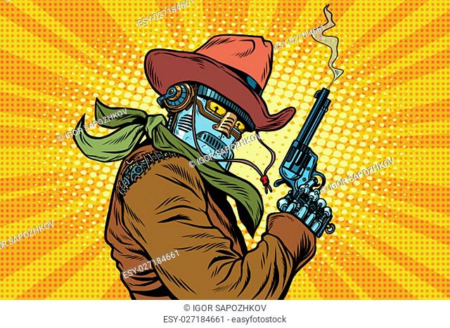 Steampunk robot cowboy with Smoking after firing a revolver, pop art retro vector illustration. Western style. Science fiction