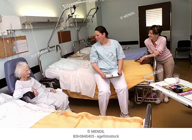 ELDERLY HOSP. PATIENT WITH NURSE<BR>Photo essay from hospital.<BR>Geriatrics unit. A 95-year-old patient receives a family visit