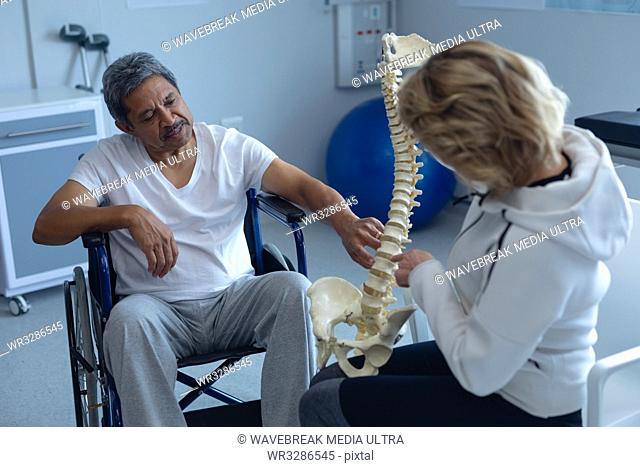 Rear view of Caucasian female physiotherapist explaining spine model to mixed-race male in wheelchair patient in hospital