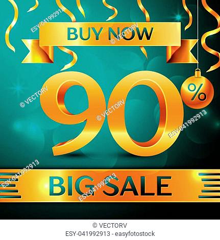Realistic banner Merry Christmas with text Gold Big Sale buy now ninety percent for discount on green background. Confetti, christmas ball and gold ribbon