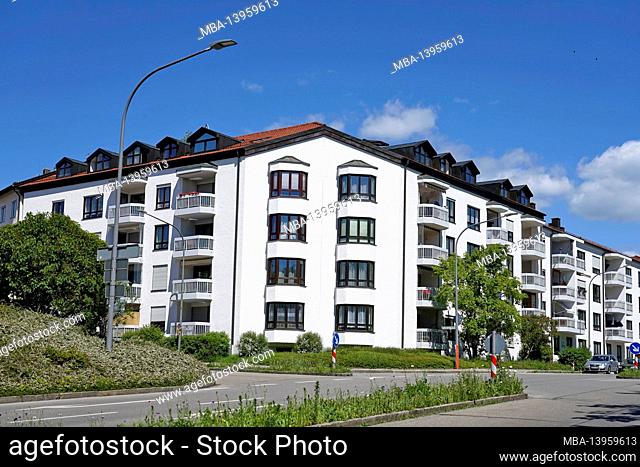 Germany, Bavaria, Upper Bavaria, Altötting, modern residential complex, balconies, dormer windows, street