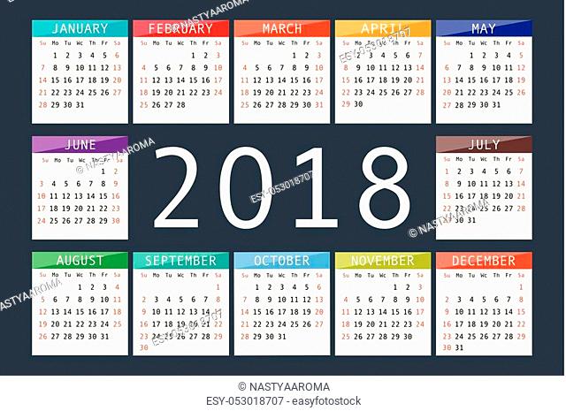 Calendar 2018 year simple style. Week starts from sunday. Vector illustration