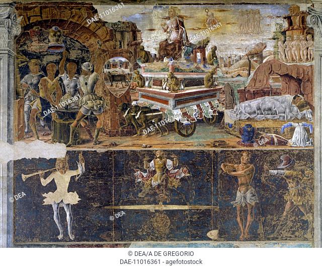 Triumph of Vulcan and Sign of Libra, scenes from Month of September, attributed to Ercole de' Roberti (ca 1455-1496), fresco, north wall, Hall of the Months