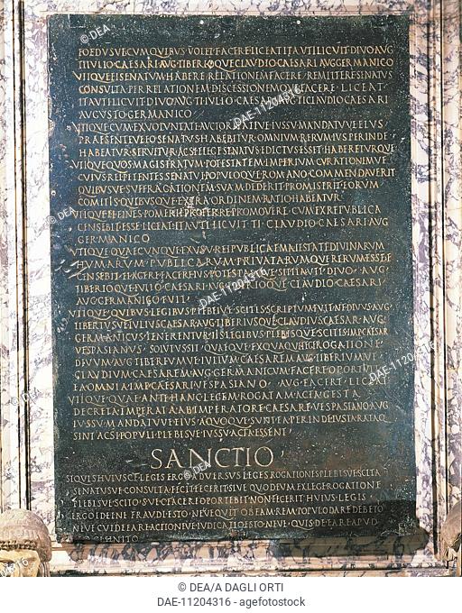 Paleography, Roman Civilization. Lex De Imperio Vespasiani. Bronze tablet (69-70 A.D.) with the text of the grant of powers made to Emperor Vespasian by Roman...