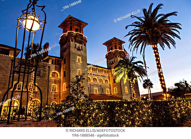 Christmas lights decorate the Lightner Museum in St  Augustine, Florida  The building was originally the Alcazar Hotel